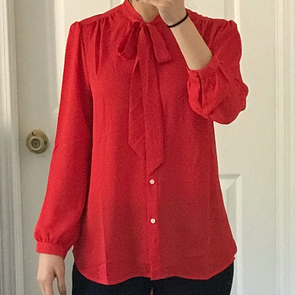 NWOT J. Crew Red Bow Tie Button Up Blouse XS - Picture 6 of 9